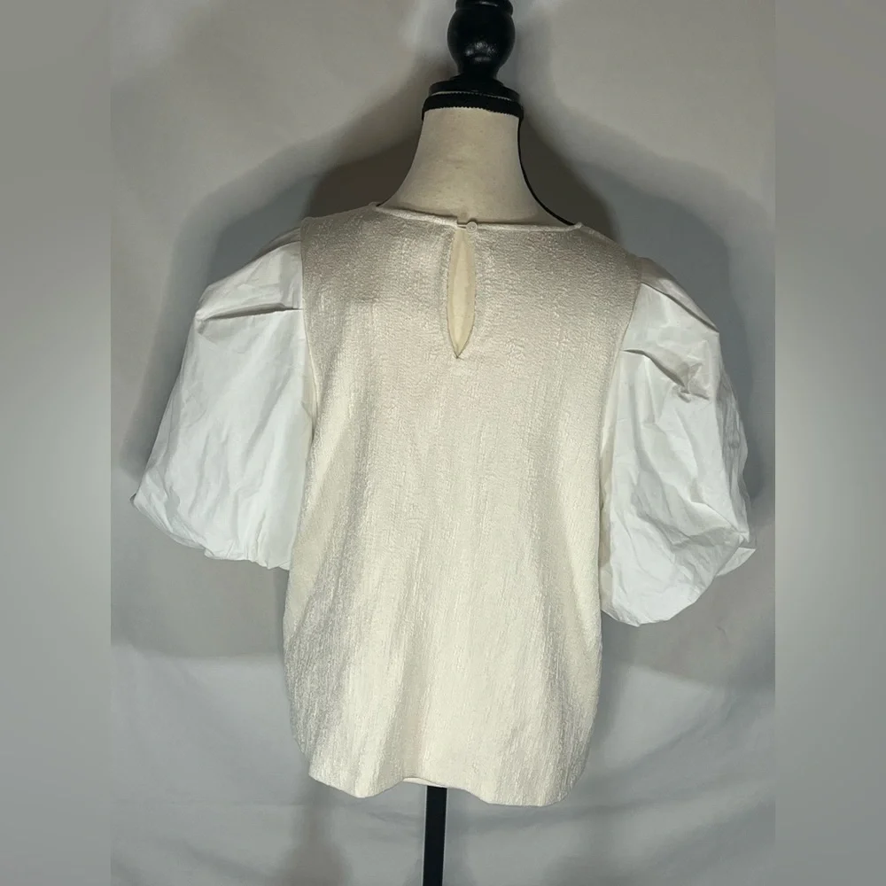 Anthropologie White Textured Bouclé Puff Sleeve Top Blouse NWT Large